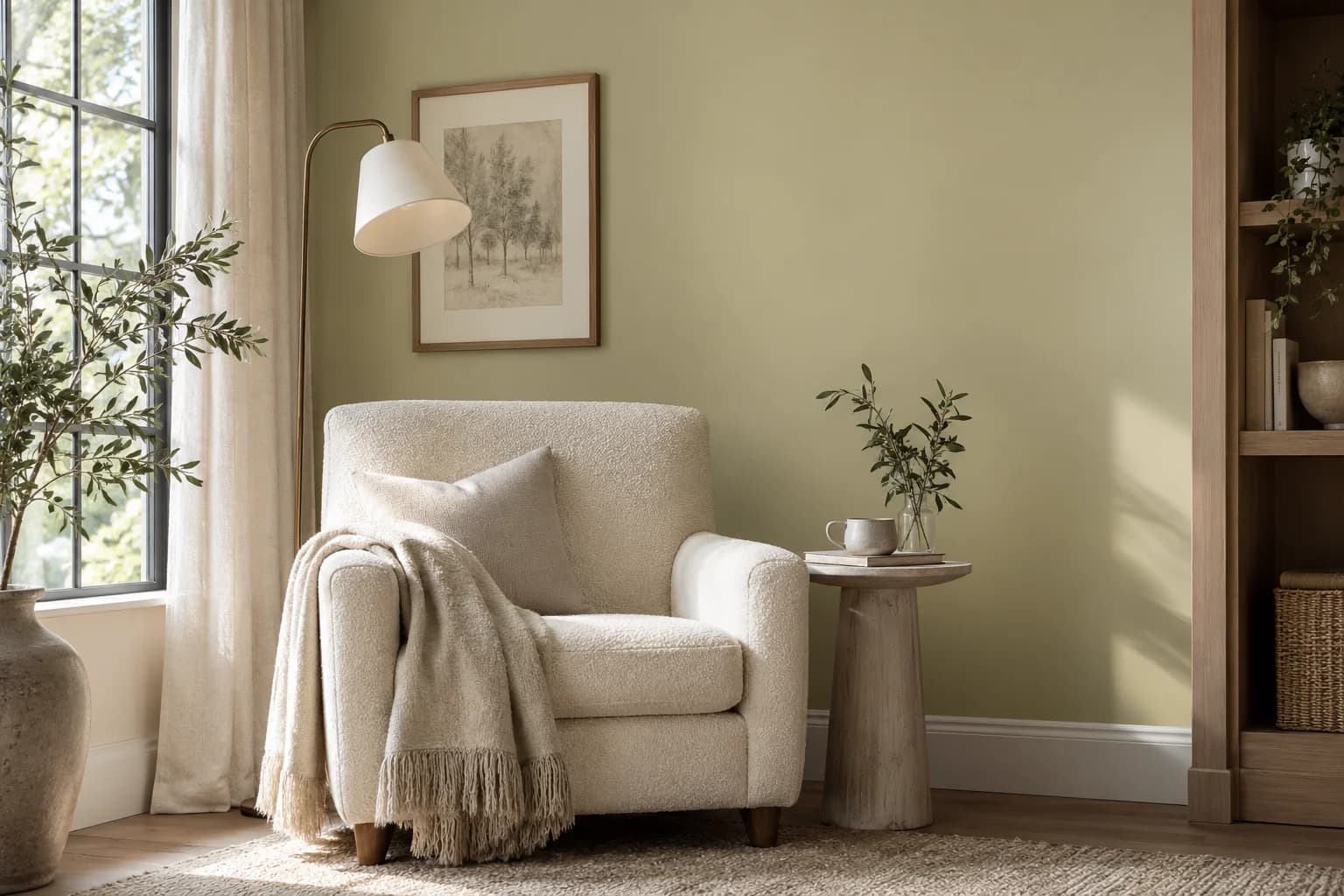 Reading nook with Back To Nature walls and a cream armchair