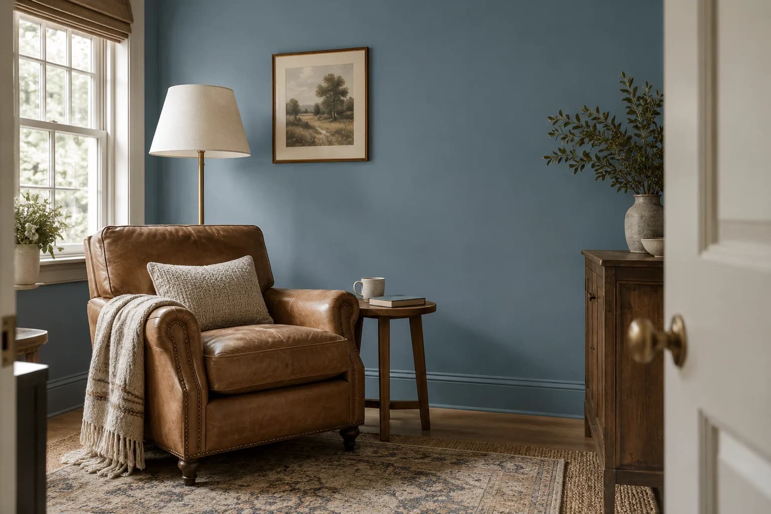 Reading nook with Blueprint walls and a cream armchair