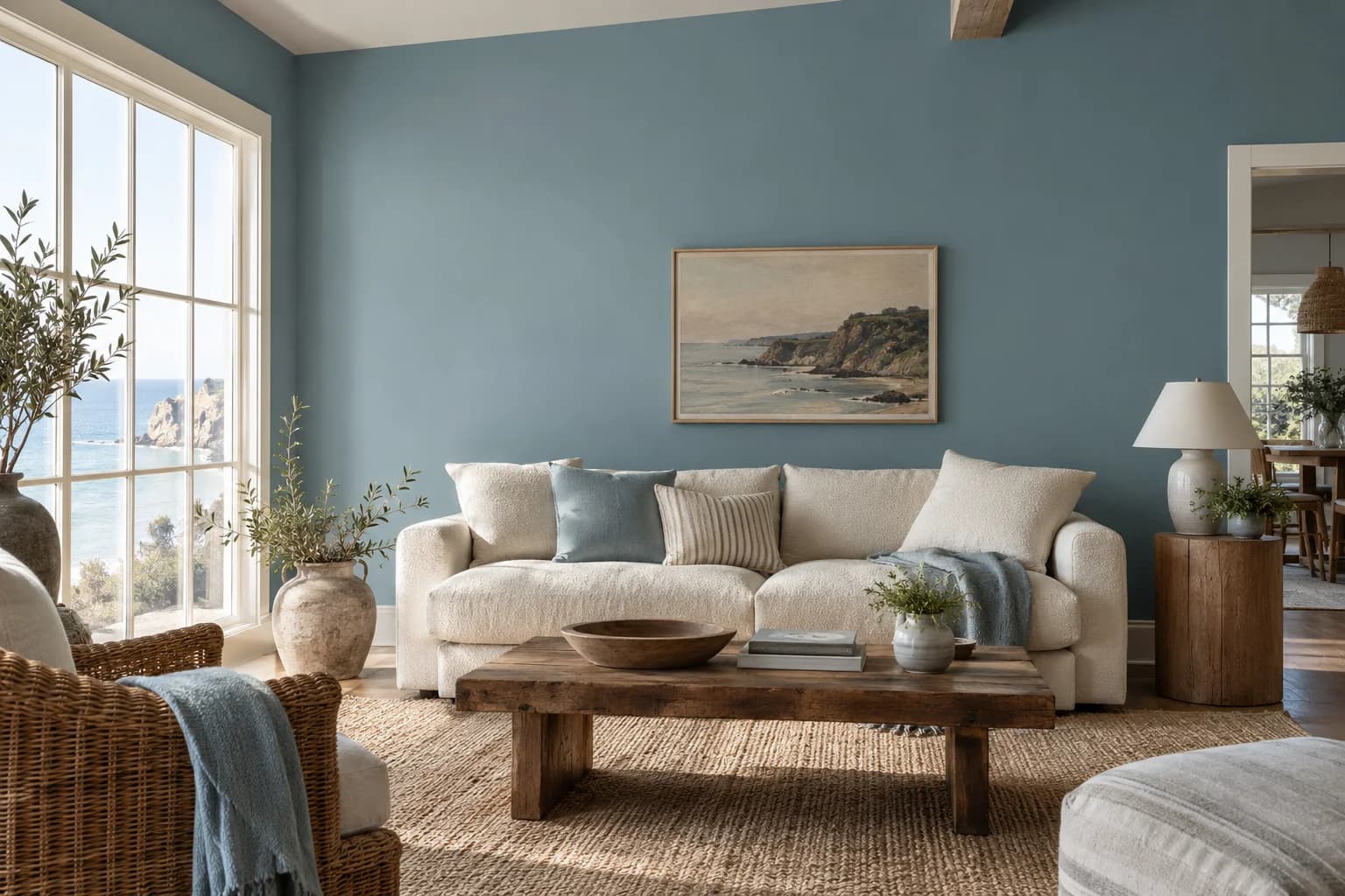 Blueprint walls in a coastal traditional living room