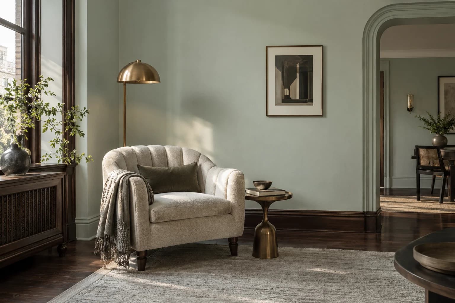 Reading nook with Breezeway walls and a cream armchair