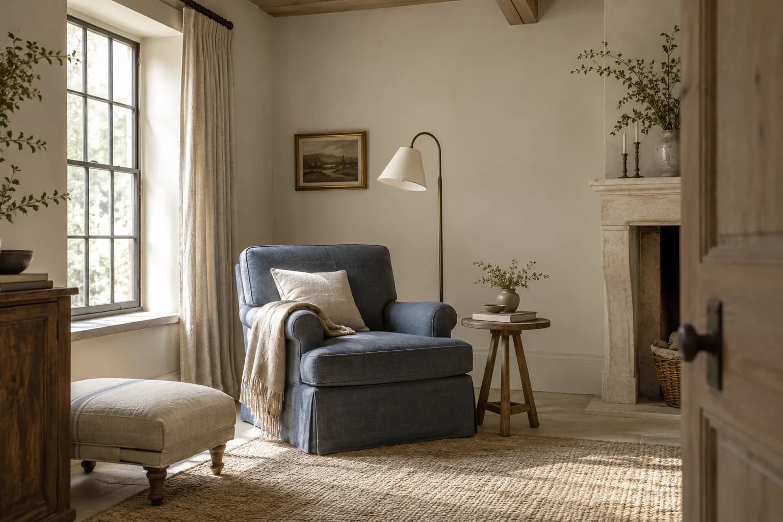Reading nook with Campfire Ash walls and a cream armchair