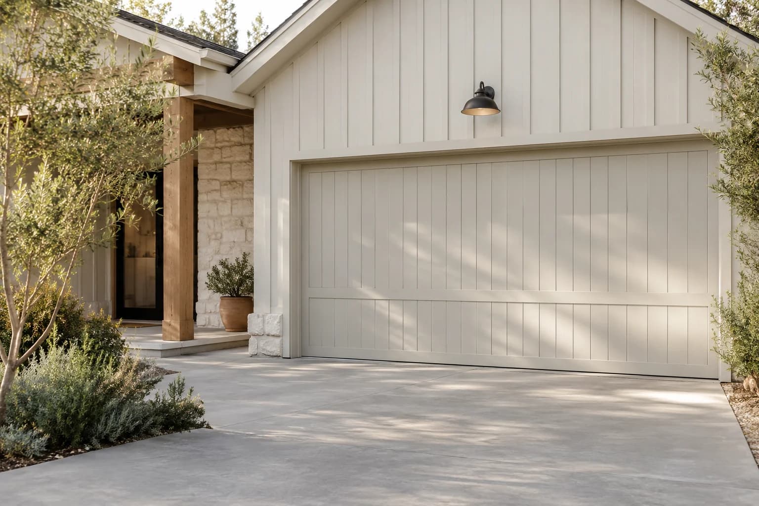 Garage door featuring Campfire Ash paint