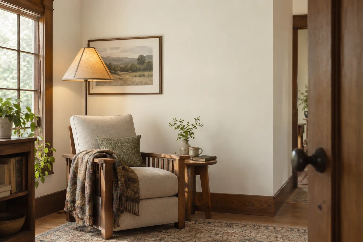 Reading nook with Swiss Coffee walls and a cream armchair