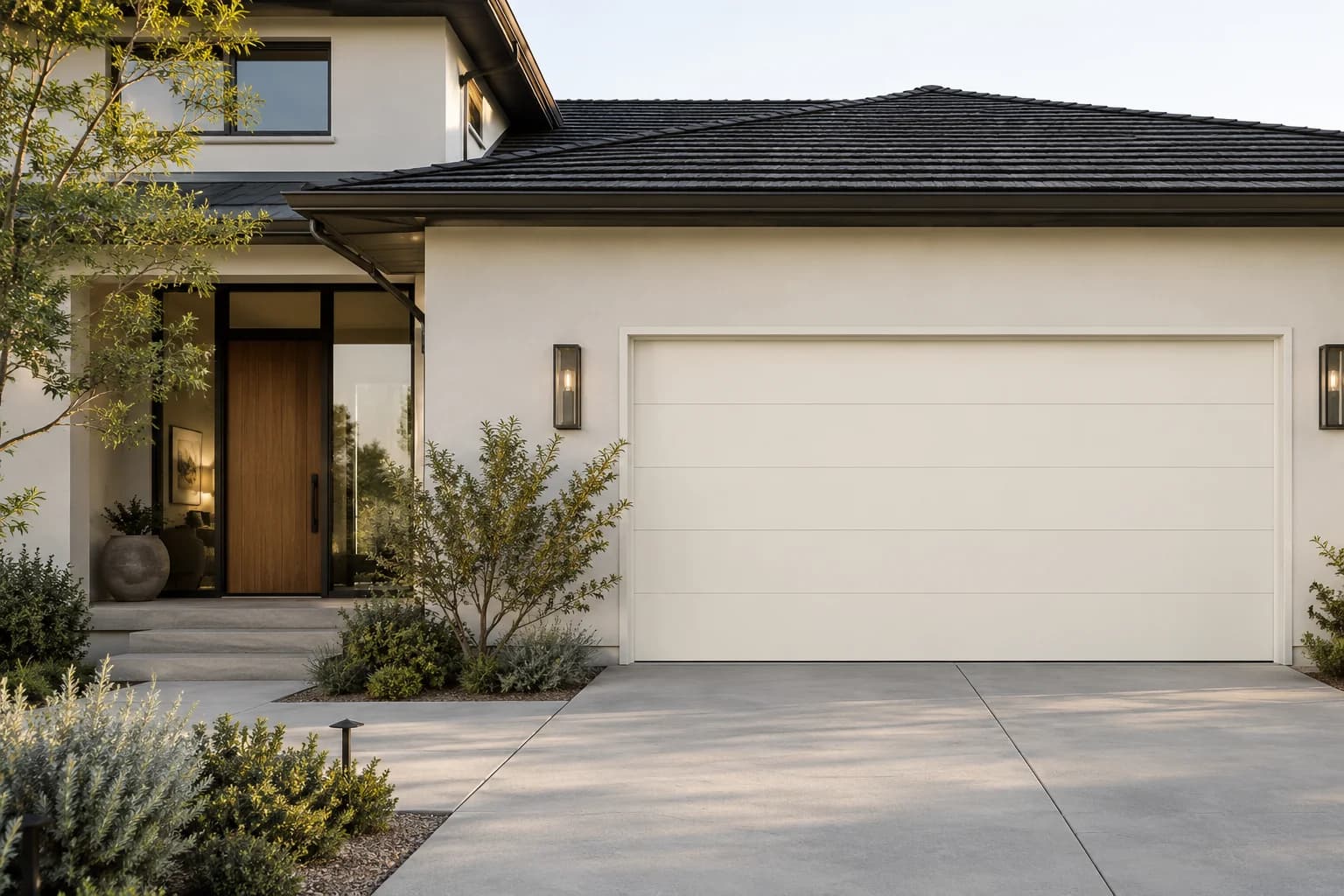 Garage door featuring Swiss Coffee paint