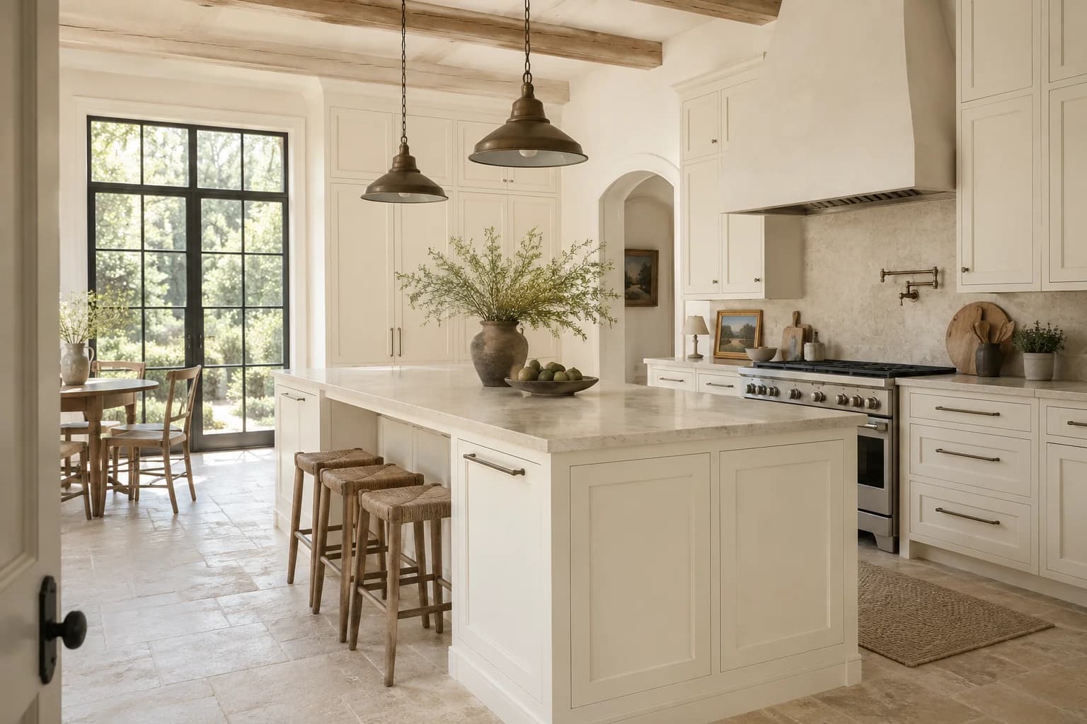 Kitchen cabinets featuring Swiss Coffee paint