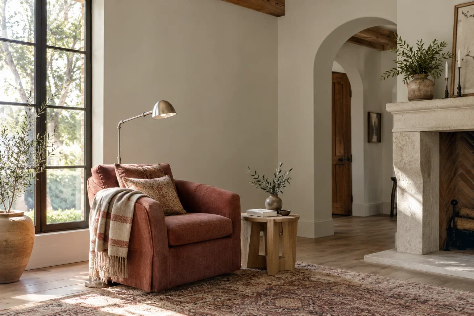 Reading nook with Toasty Gray walls and a cream armchair
