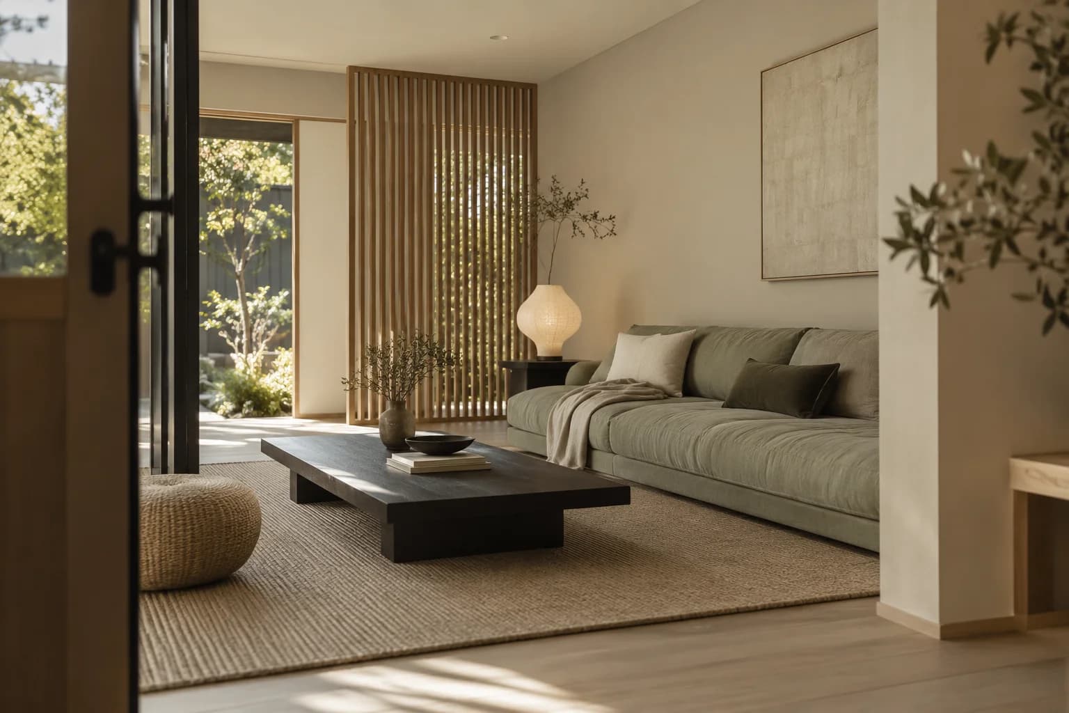 Toasty Gray walls in a Japanese-inspired living room