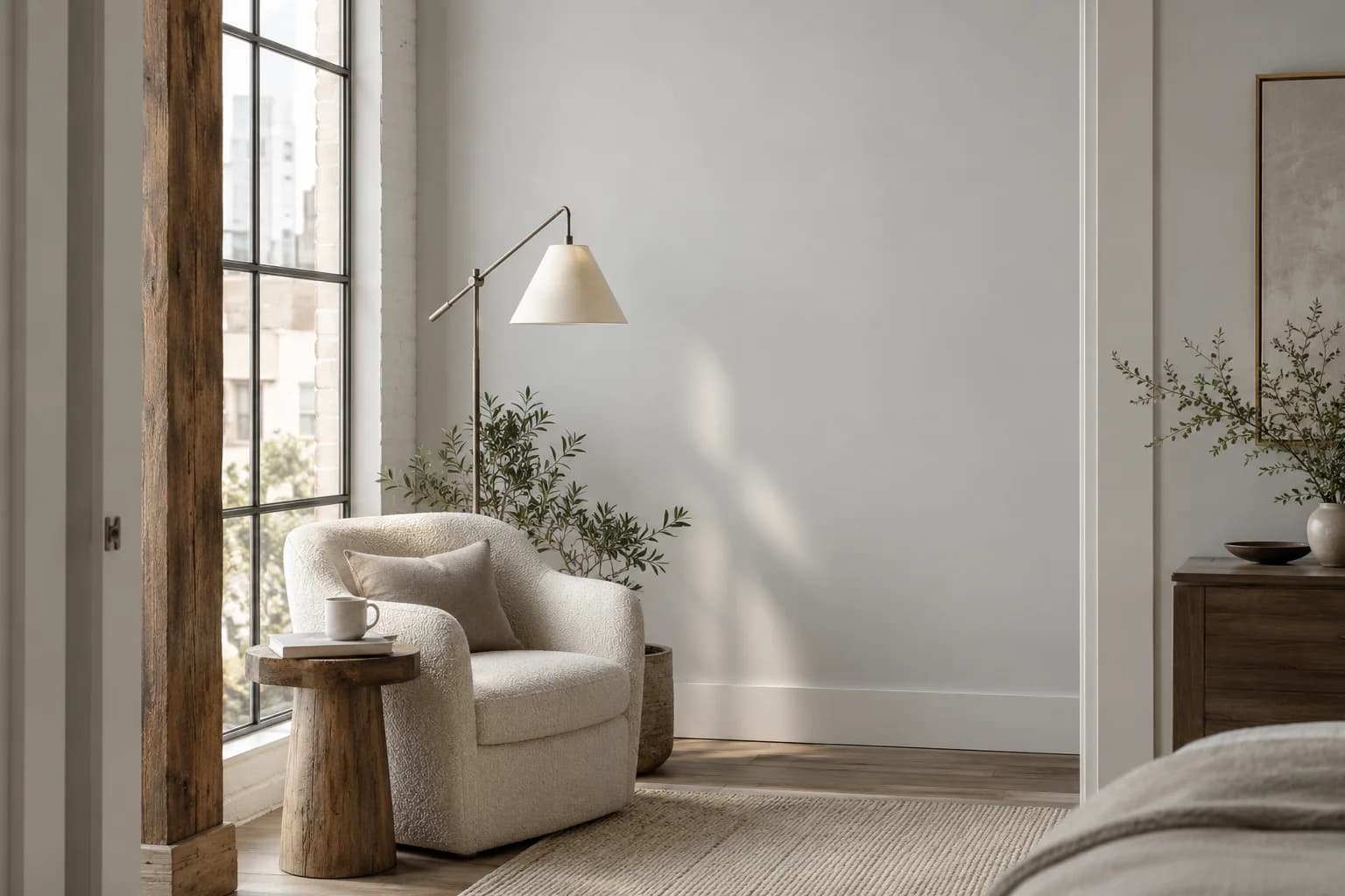 Reading nook with White Metal walls and a cream armchair