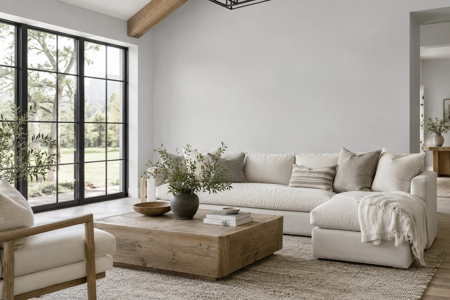 White Metal walls in a modern farmhouse living room
