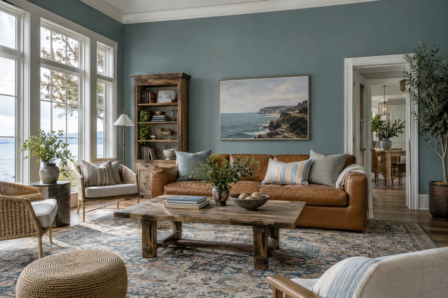 Aegean Teal walls in a relaxed coastal living room