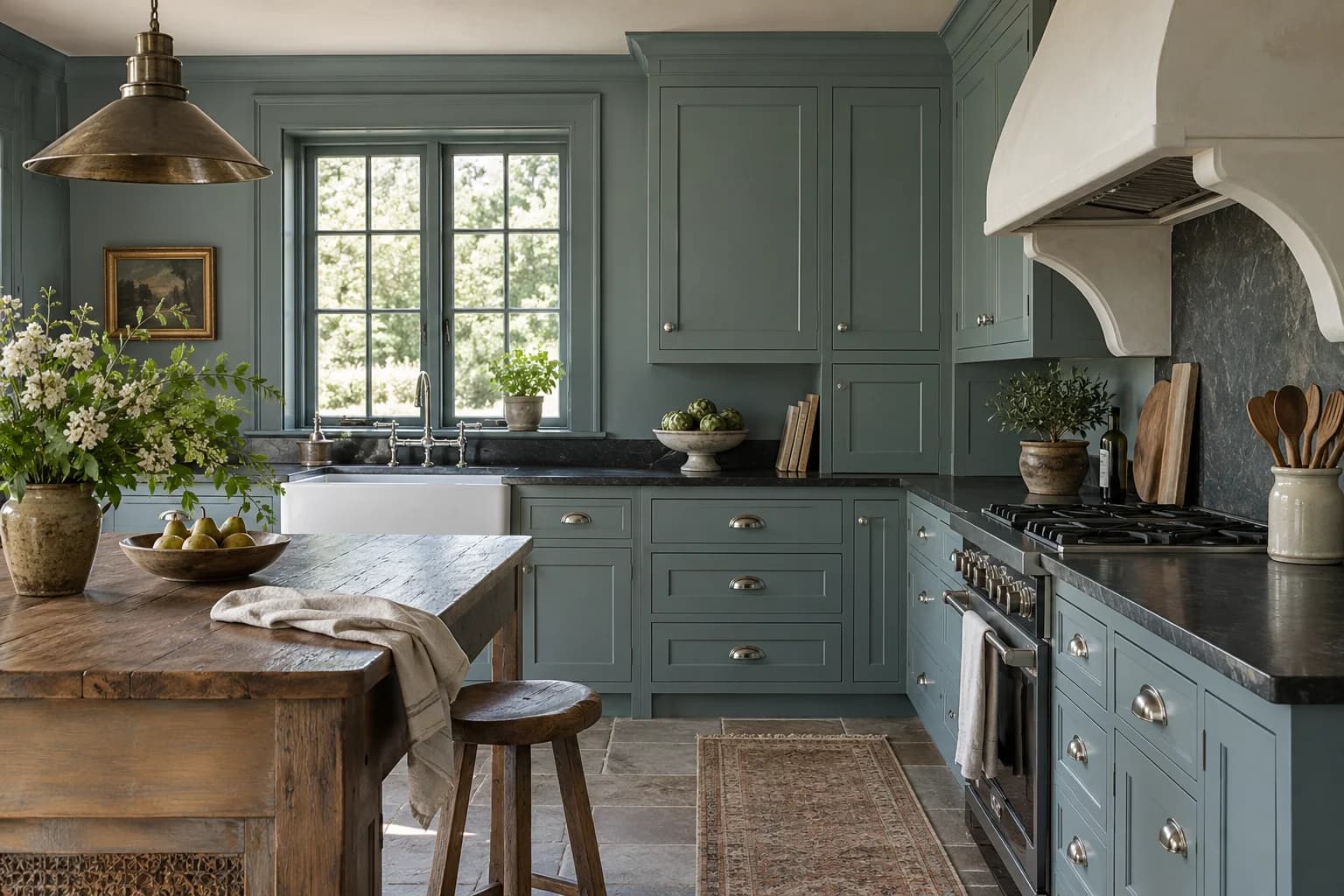 Kitchen cabinets featuring Aegean Teal paint