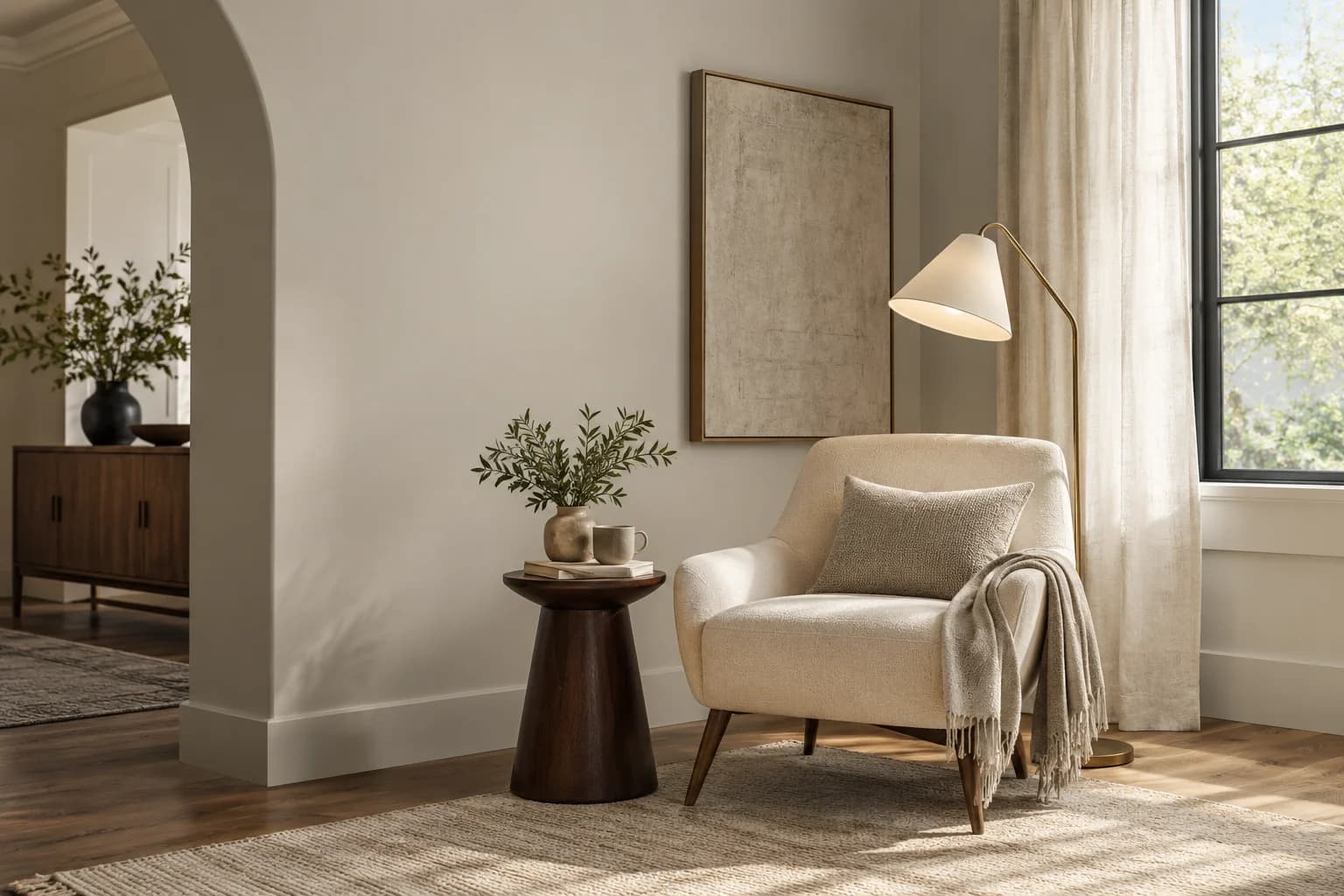 Reading nook with Balboa Mist walls and a cream armchair