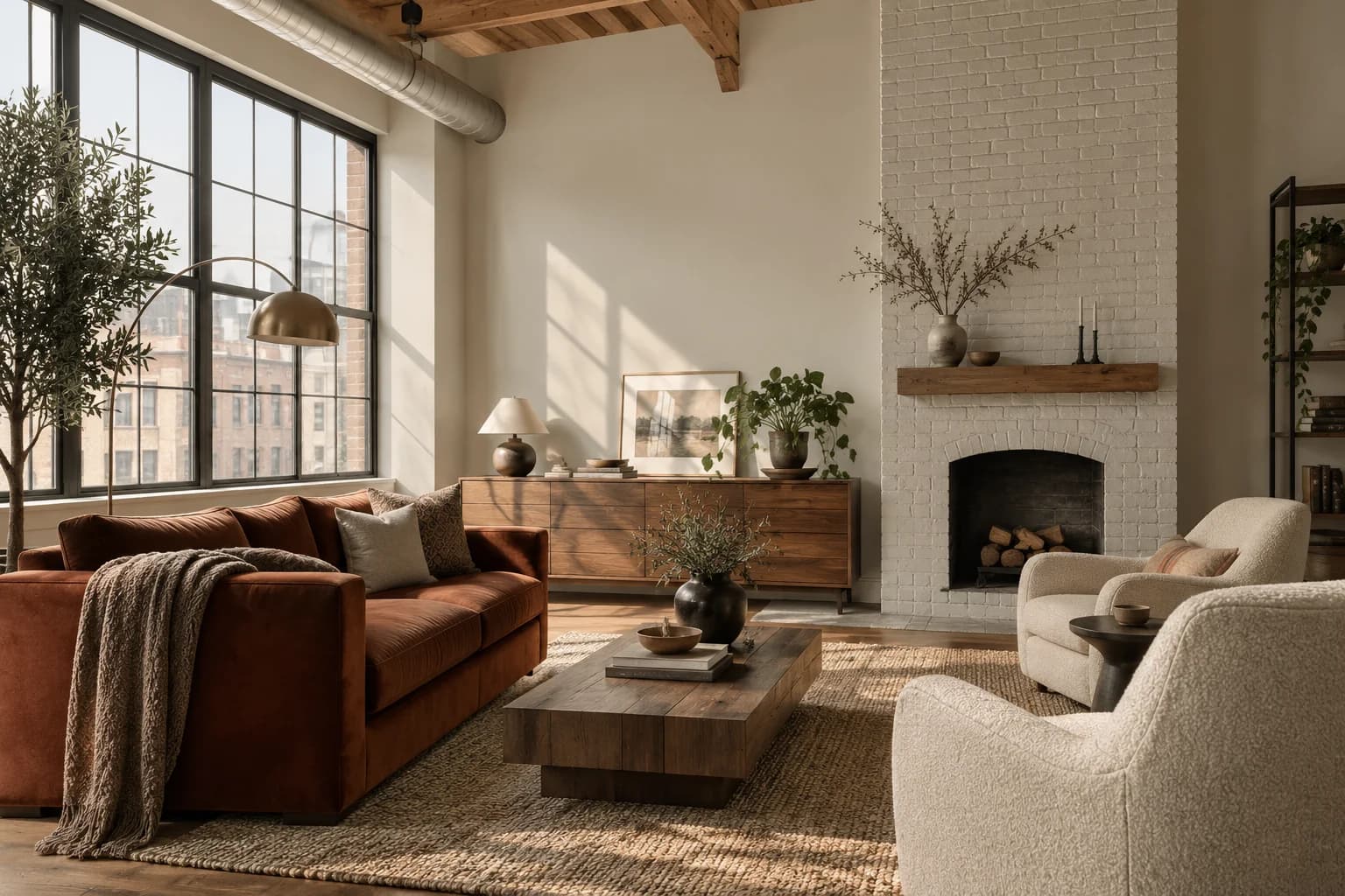 Balboa Mist walls in a warm industrial living room
