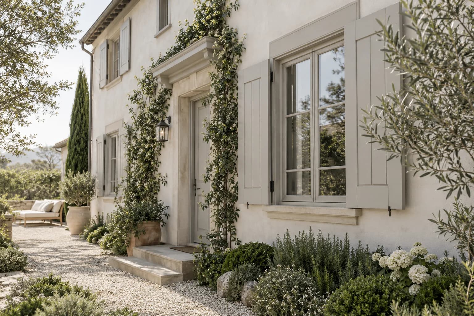 Shutters & trim featuring Balboa Mist paint