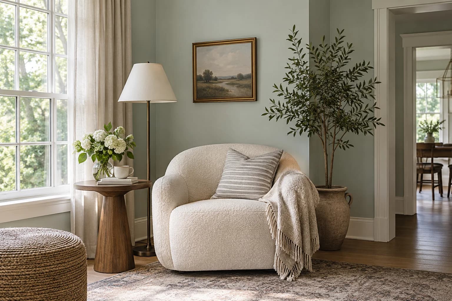 Reading nook with Beach Glass walls and a cream armchair