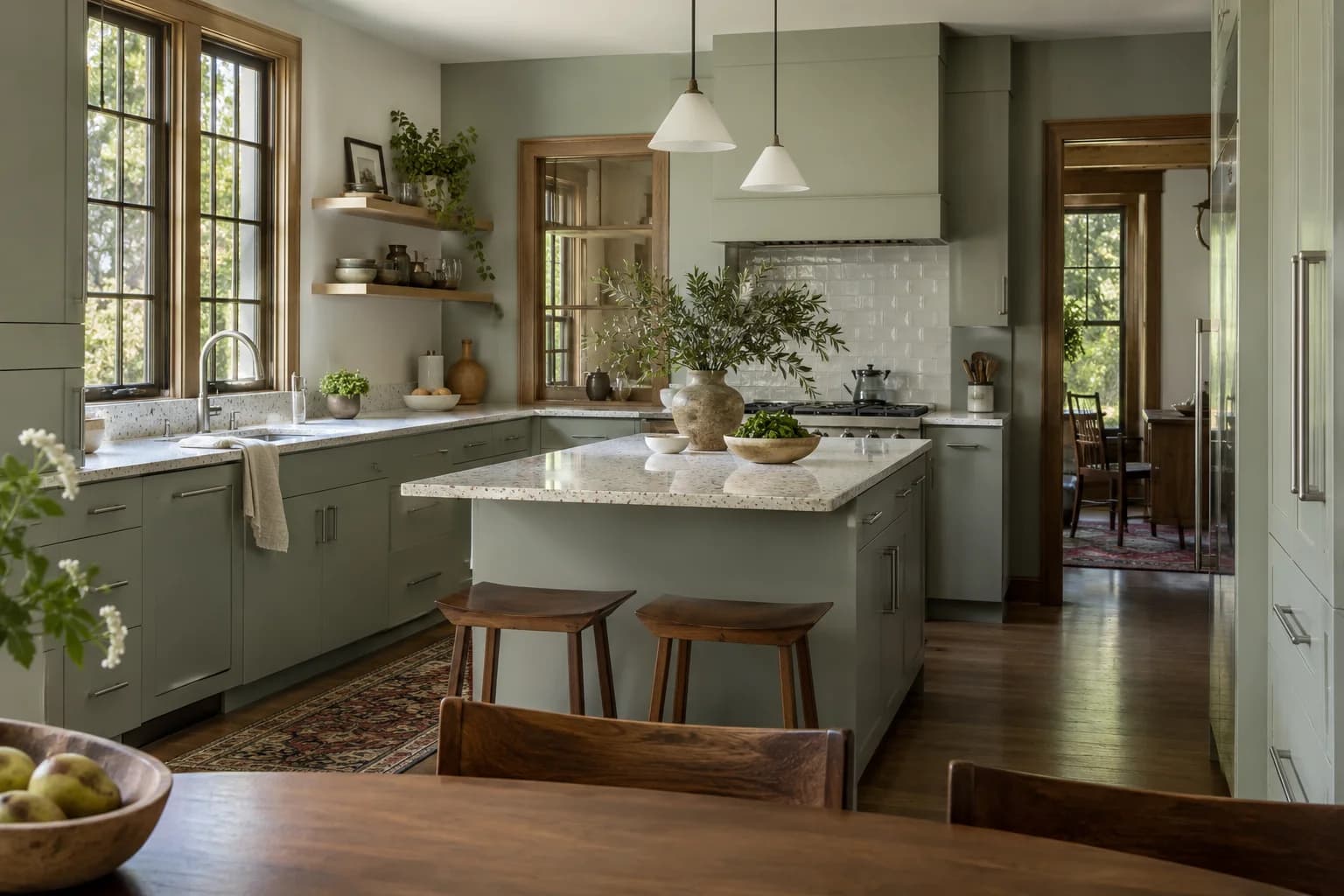 Kitchen cabinets featuring Beach Glass paint