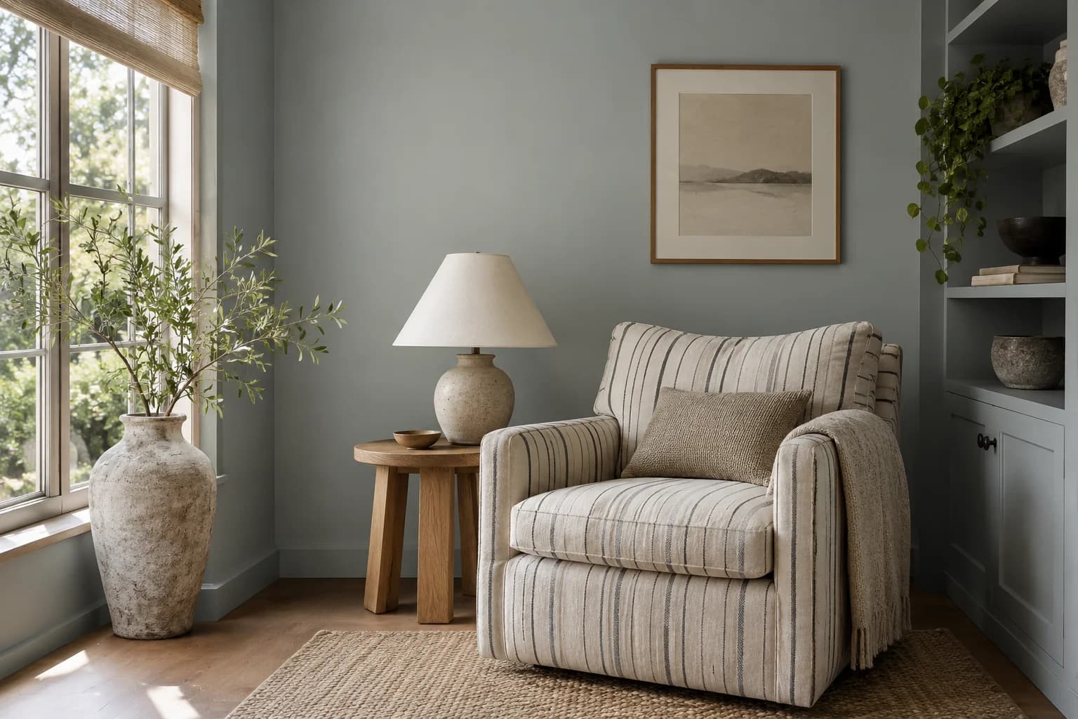 Reading nook with Boothbay Gray walls and a cream armchair