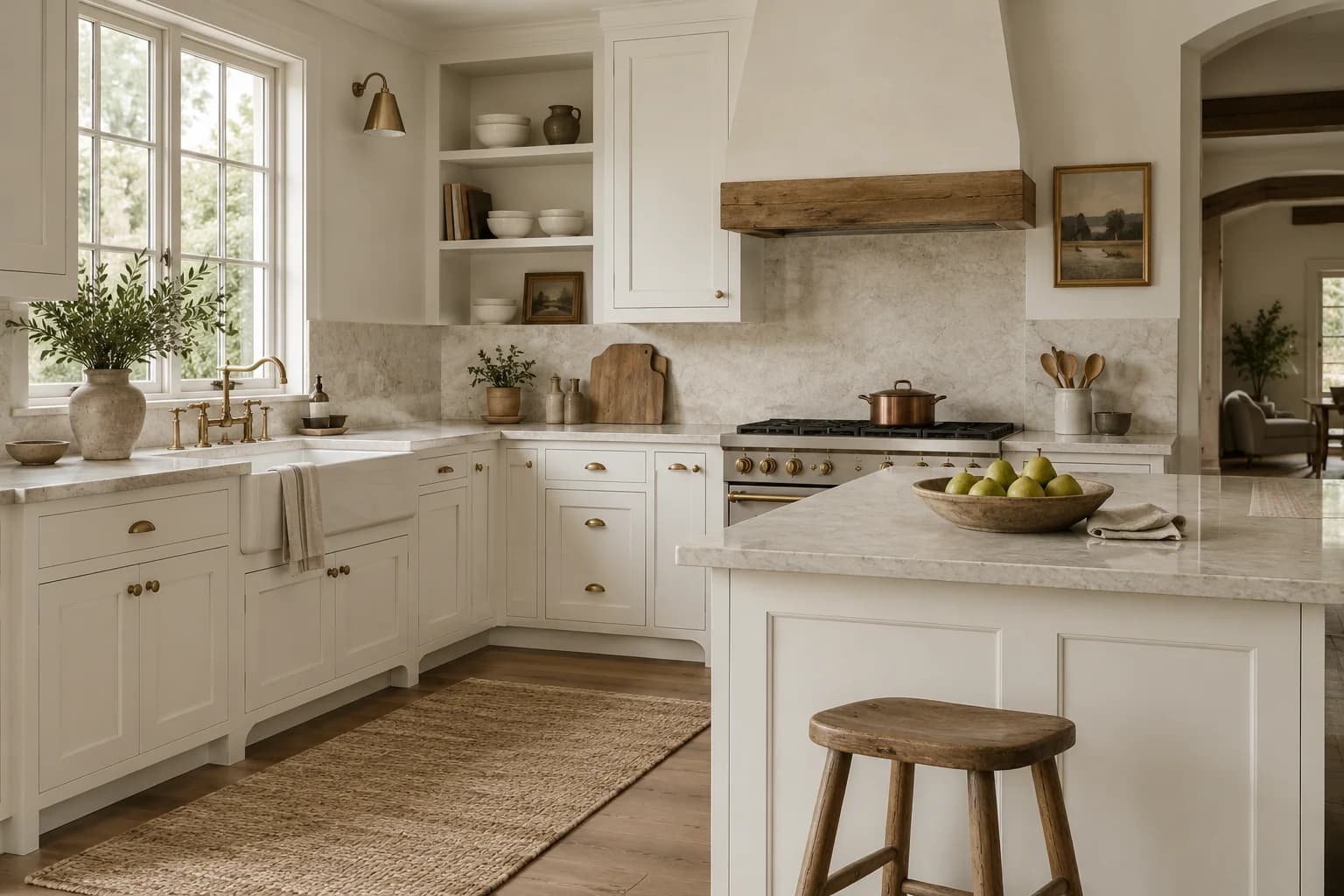 Kitchen cabinets featuring Chantilly Lace paint