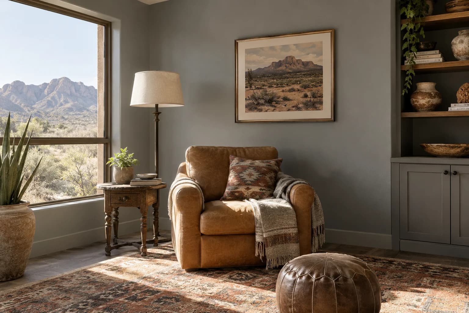 Reading nook with Chelsea Gray walls and a cream armchair