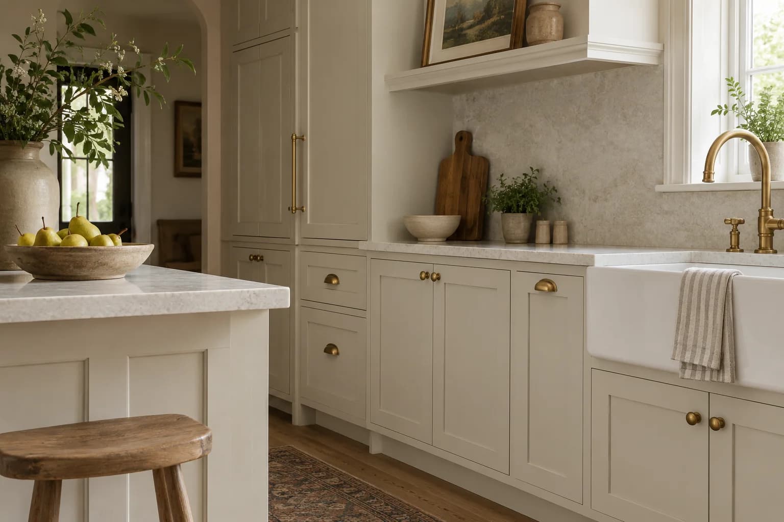 Kitchen cabinets featuring Pale Oak paint