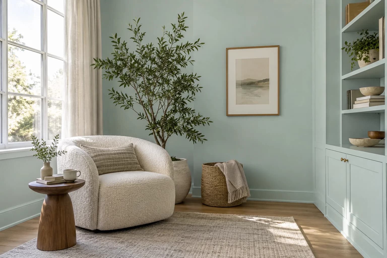 Reading nook with Palladian Blue walls and a cream armchair