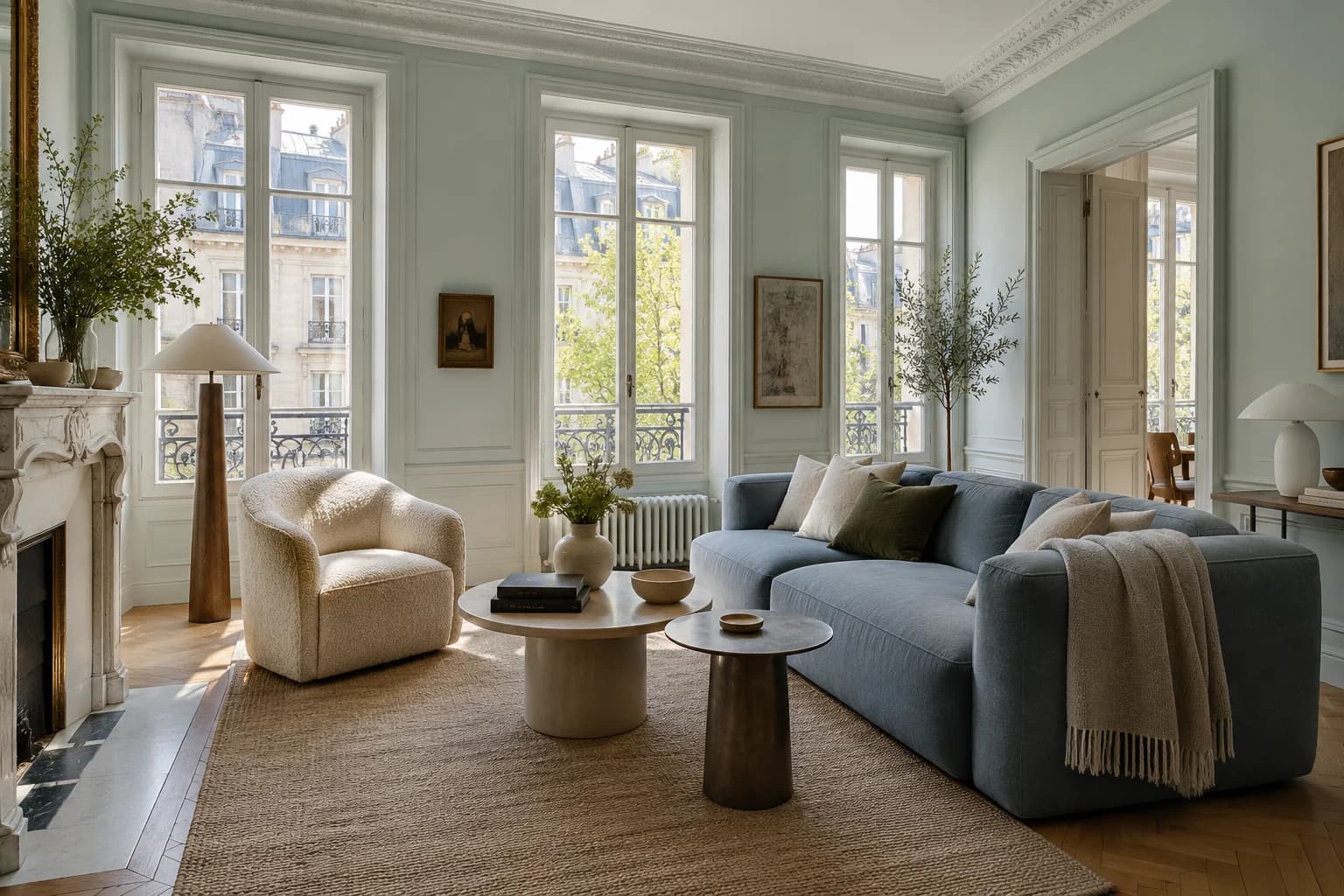Palladian Blue walls in a Parisian apartment living room