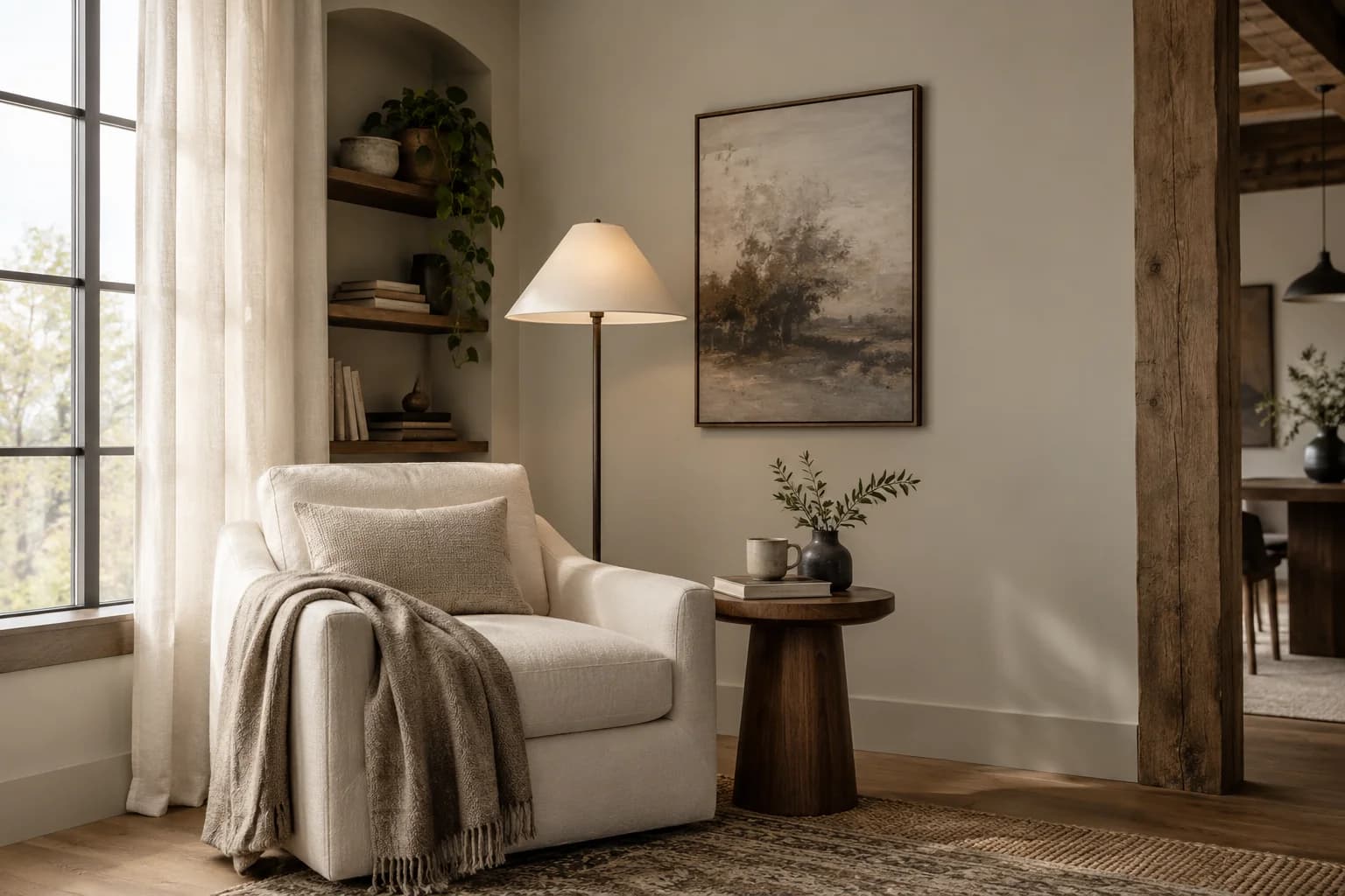 Reading nook with Revere Pewter walls and a cream armchair