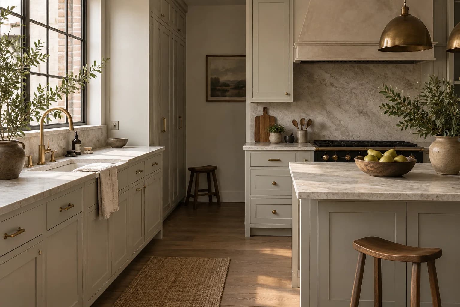 Kitchen cabinets featuring Revere Pewter paint