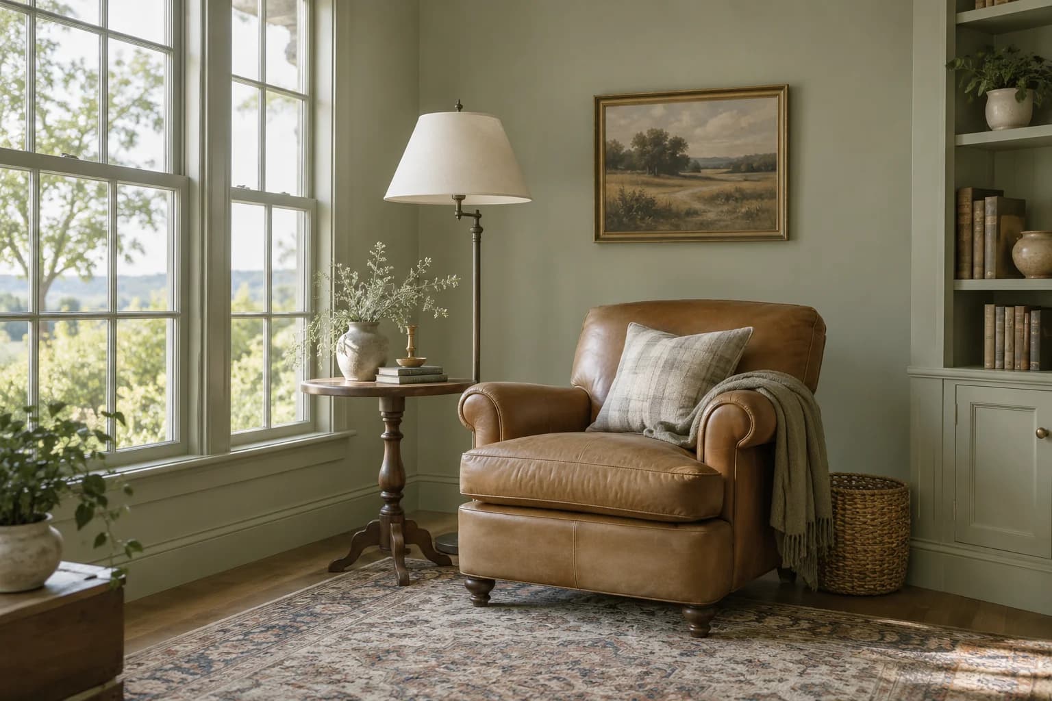 Reading nook with Saybrook Sage walls and a cream armchair