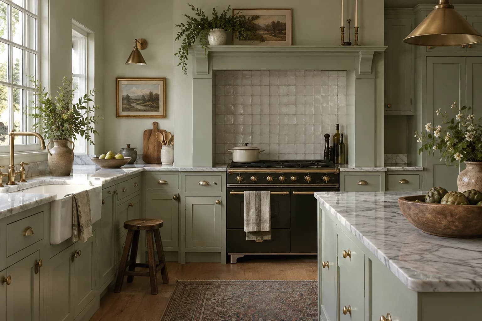 Kitchen cabinets featuring Saybrook Sage paint