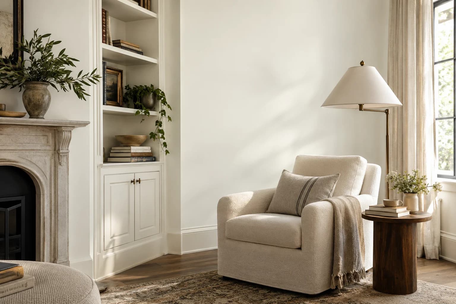 Reading nook with Simply White walls and a cream armchair