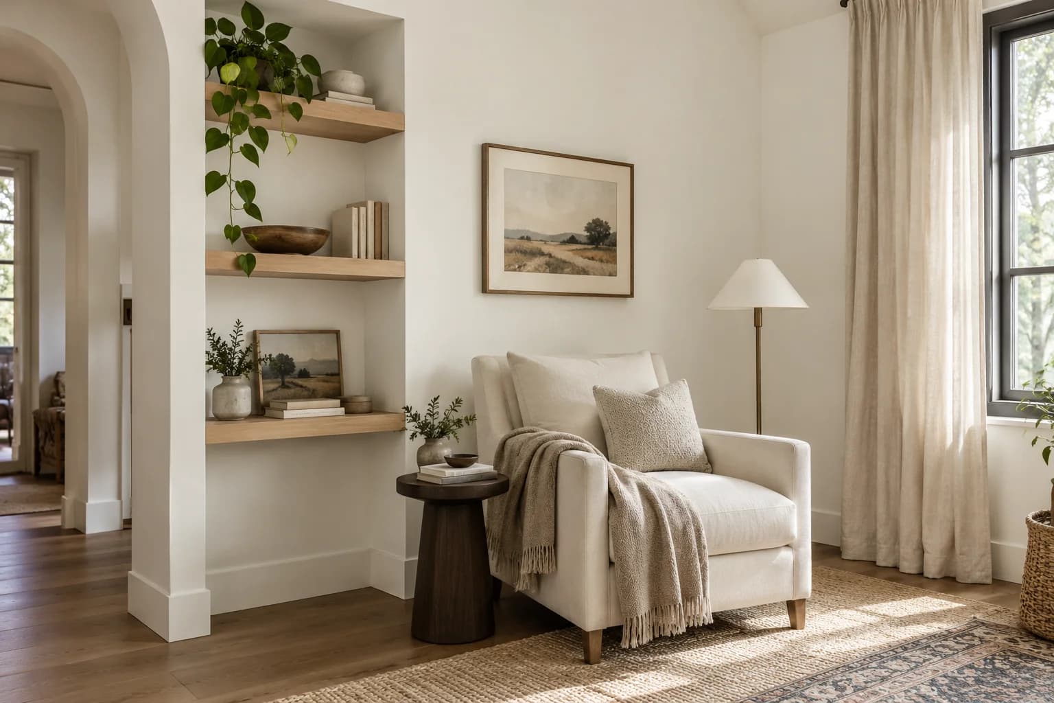 Reading nook with Swiss Coffee walls and a cream armchair