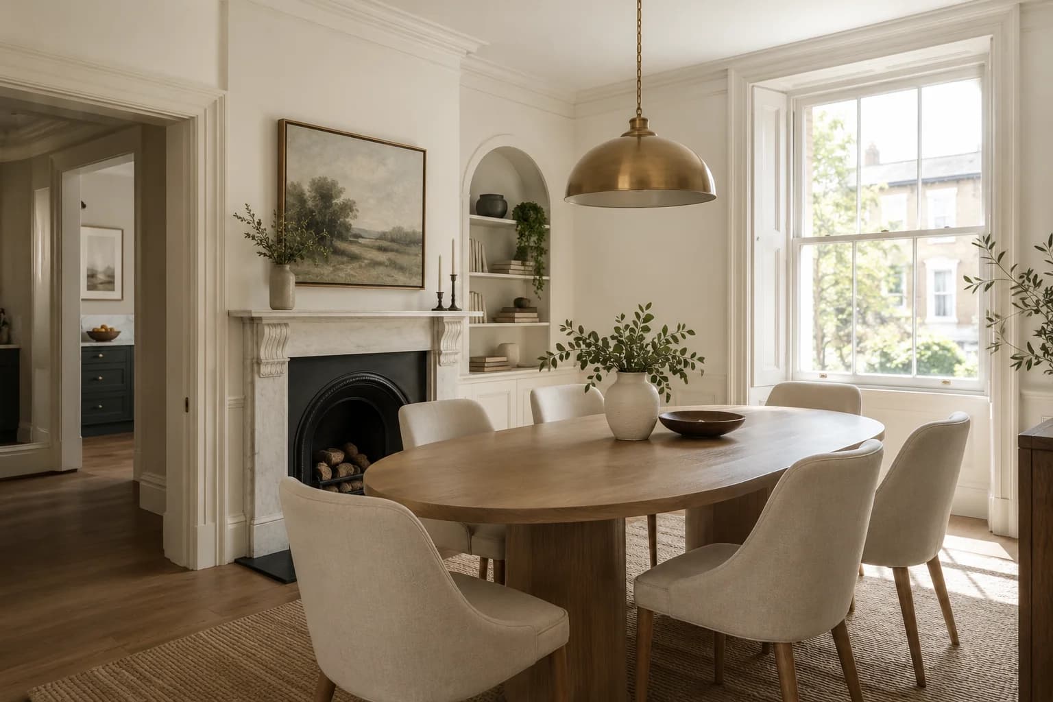 Dining room featuring Swiss Coffee paint