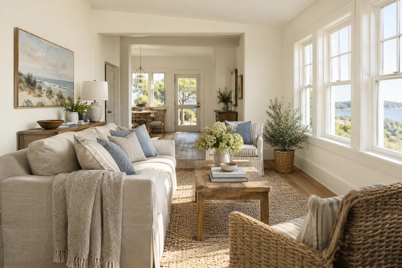 Swiss Coffee walls in a coastal cottage living room