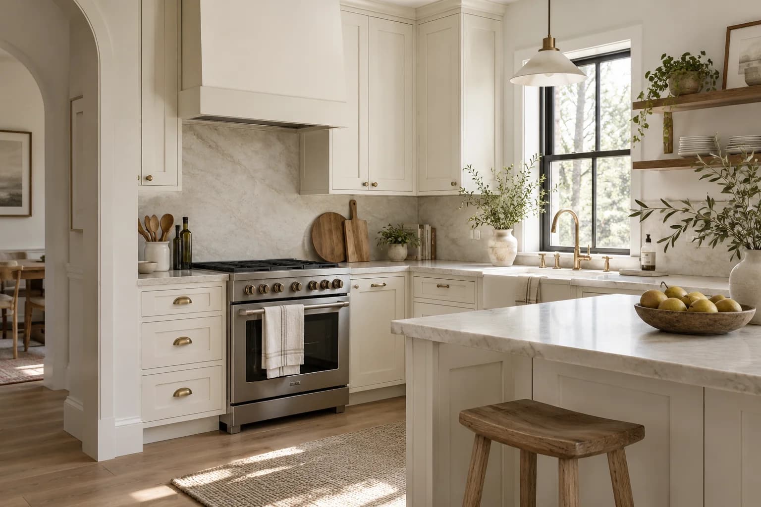 Kitchen cabinets featuring Swiss Coffee paint
