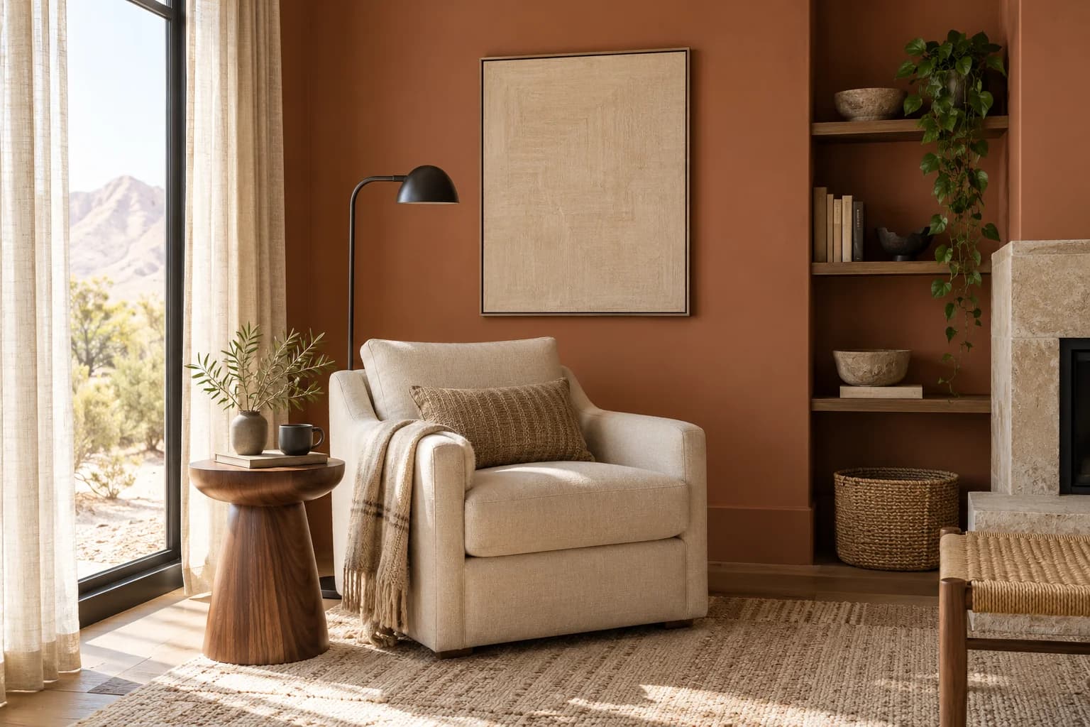 Reading nook with Cavern Clay walls and a cream armchair