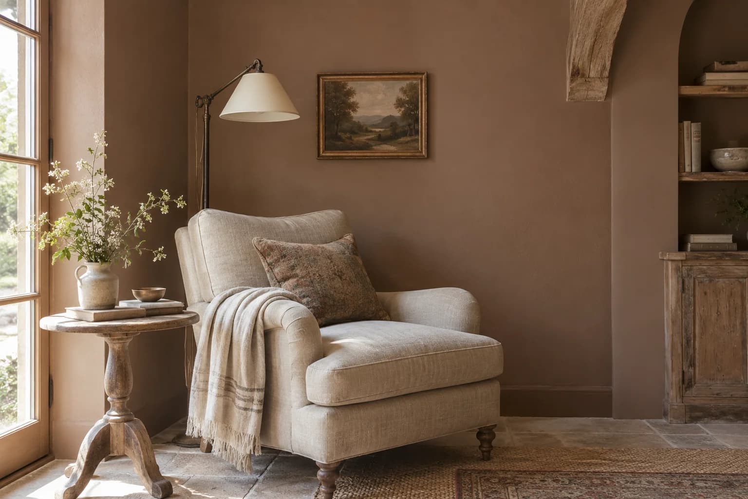 Reading nook with Art and Craft walls and a cream armchair