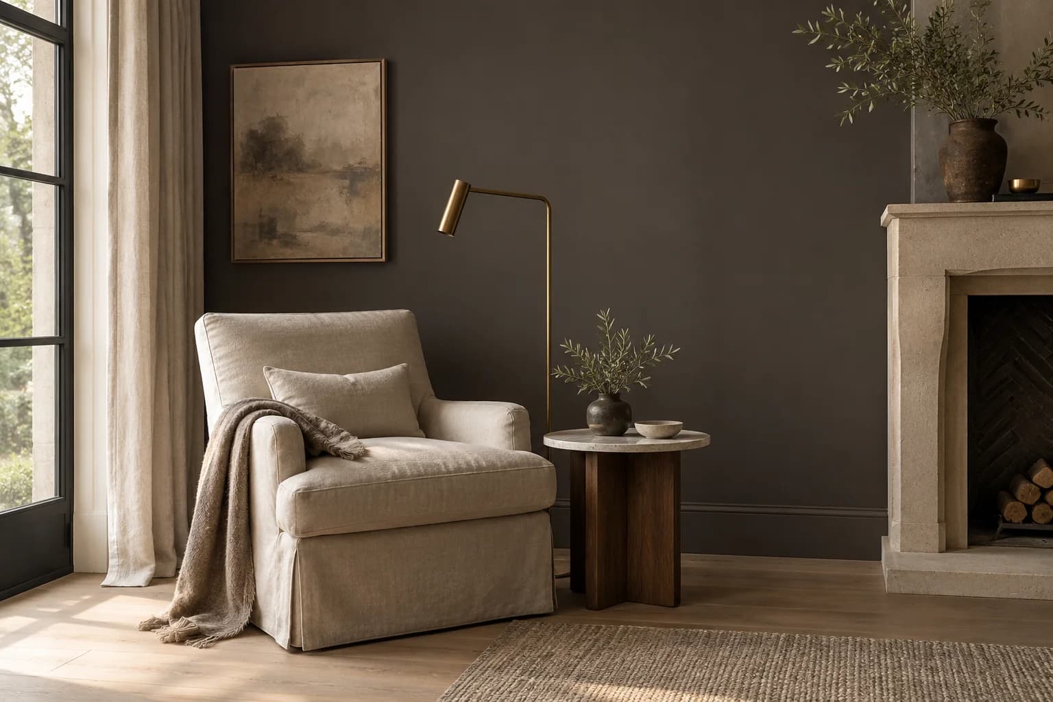 Reading nook with Black Bean walls and a cream armchair