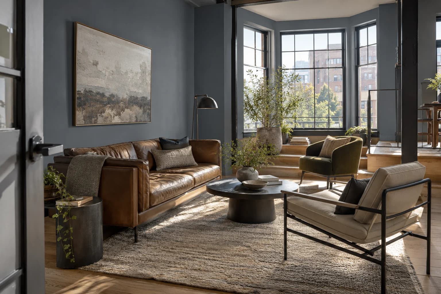 Blue Steel walls in a urban loft living room