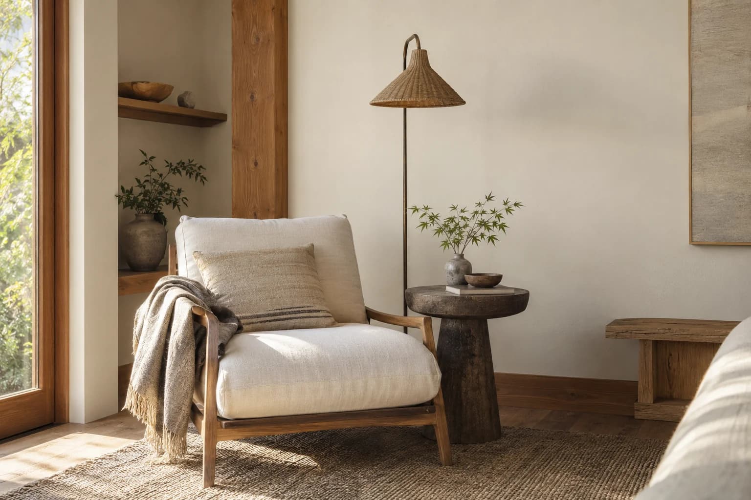 Reading nook with Crystal Haze walls and a cream armchair