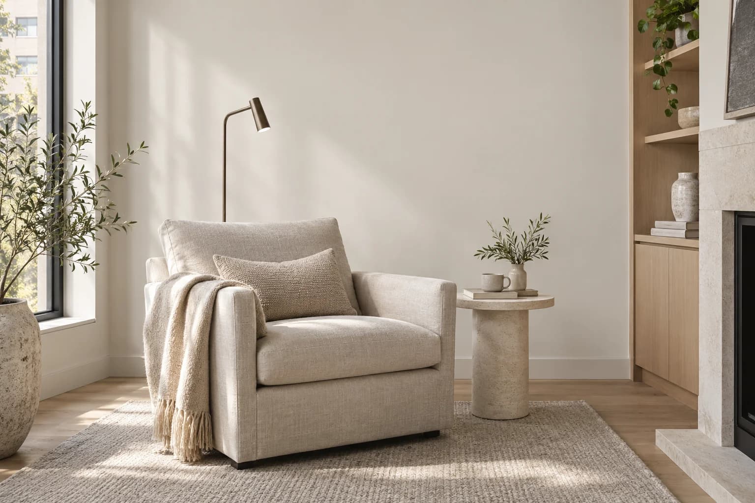 Reading nook with Foggy Day walls and a cream armchair