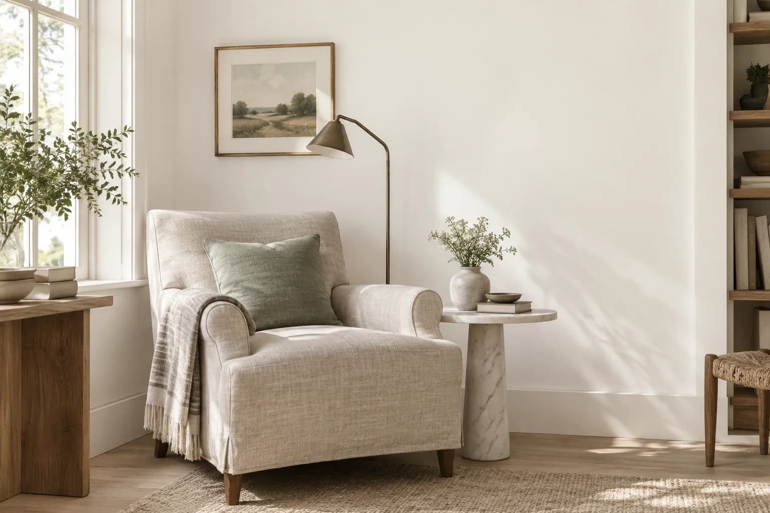 Reading nook with Milk Glass walls and a cream armchair