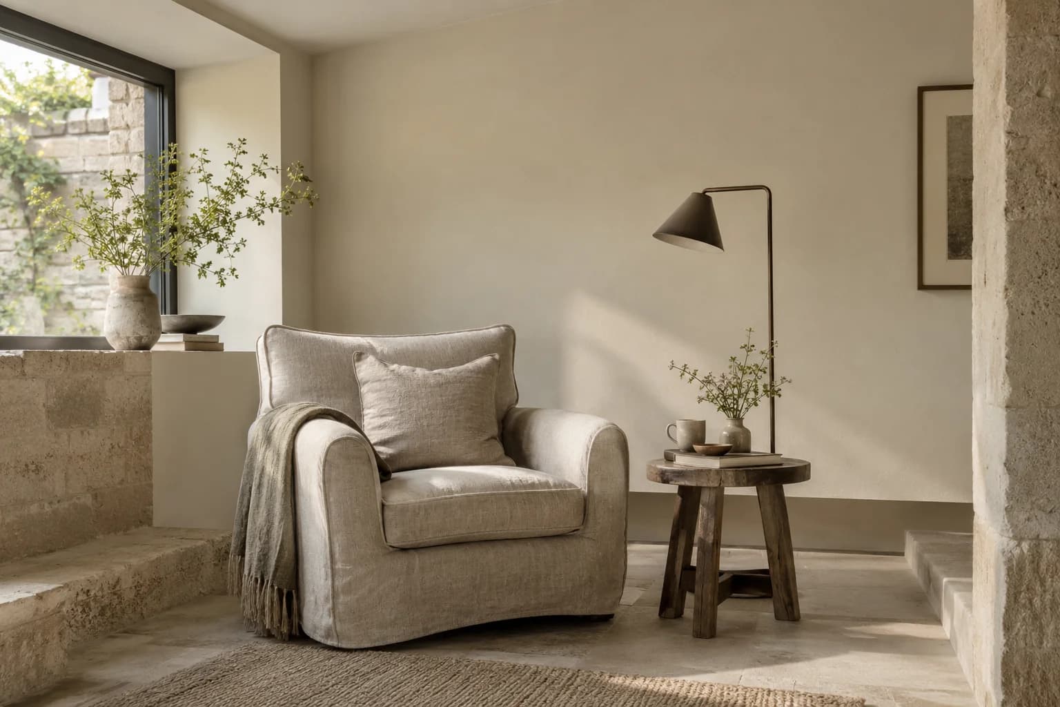 Reading nook with Porous Stone walls and a cream armchair