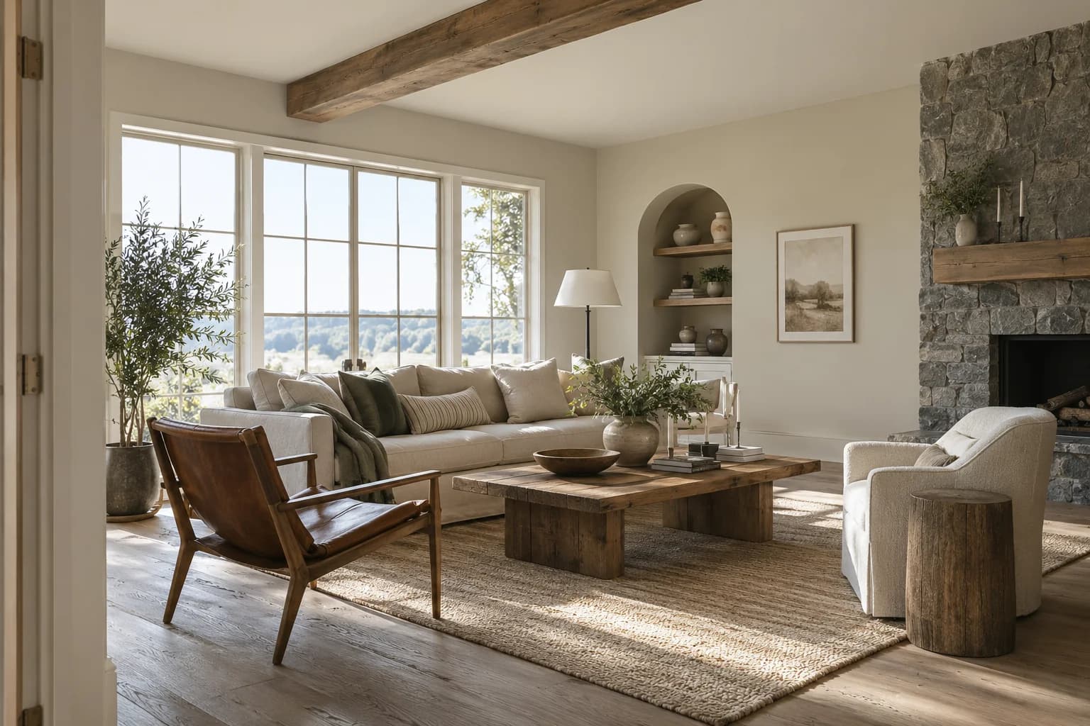 Porous Stone walls in a modern farmhouse living room