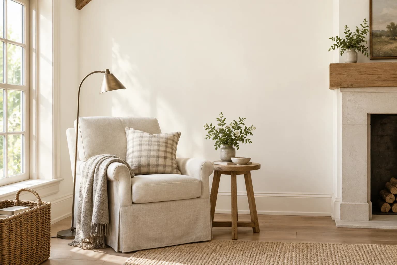 Reading nook with Whisper walls and a cream armchair