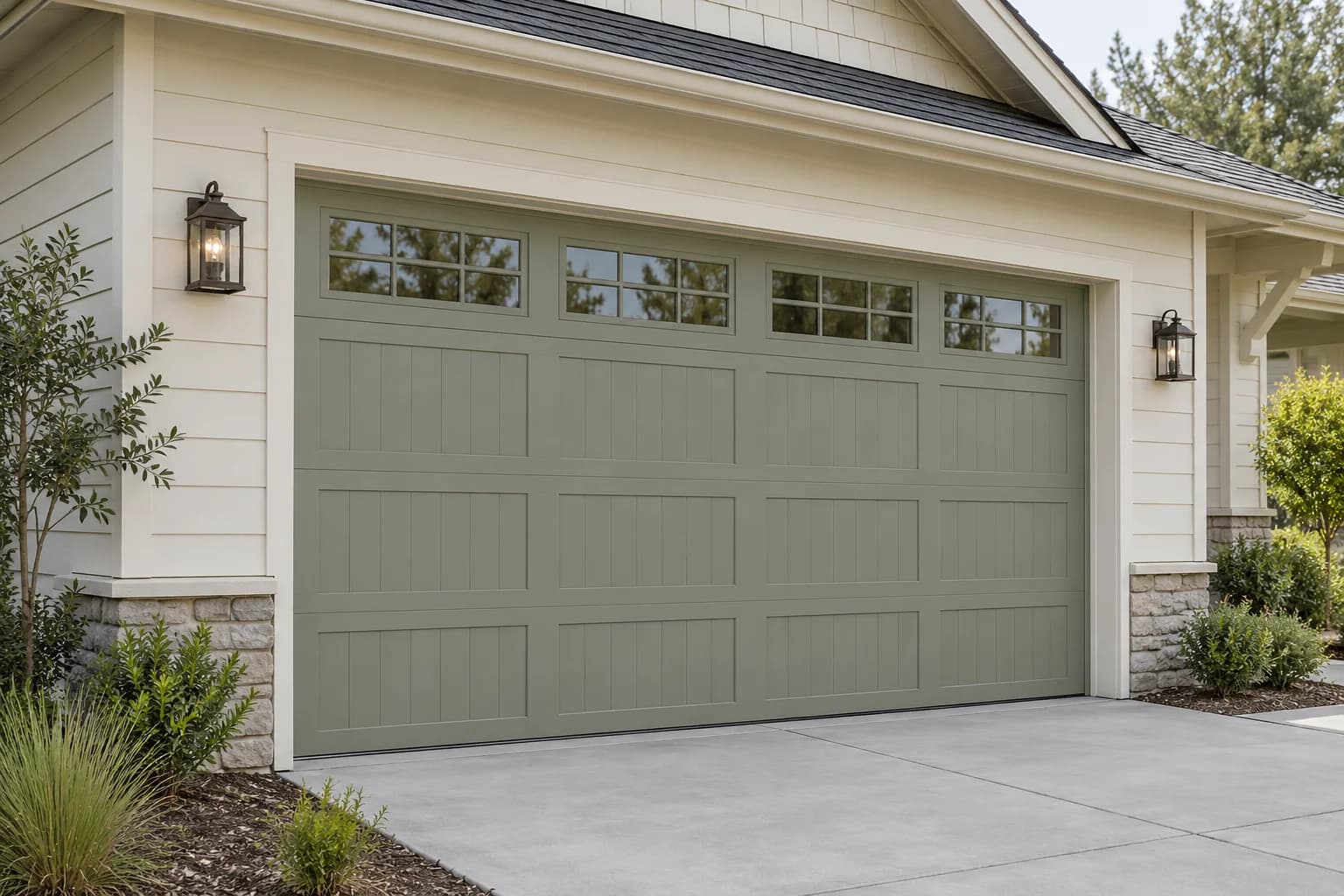 Garage door featuring Evergreen Fog paint