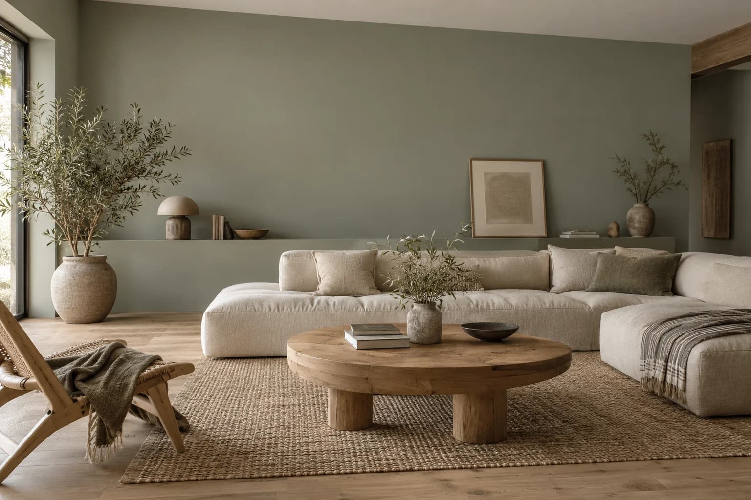 Evergreen Fog walls in a Japandi living room