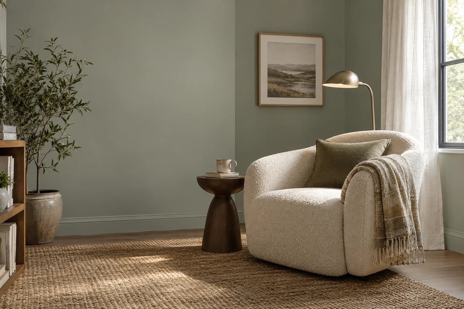 Reading nook with Evergreen Fog walls and a cream armchair