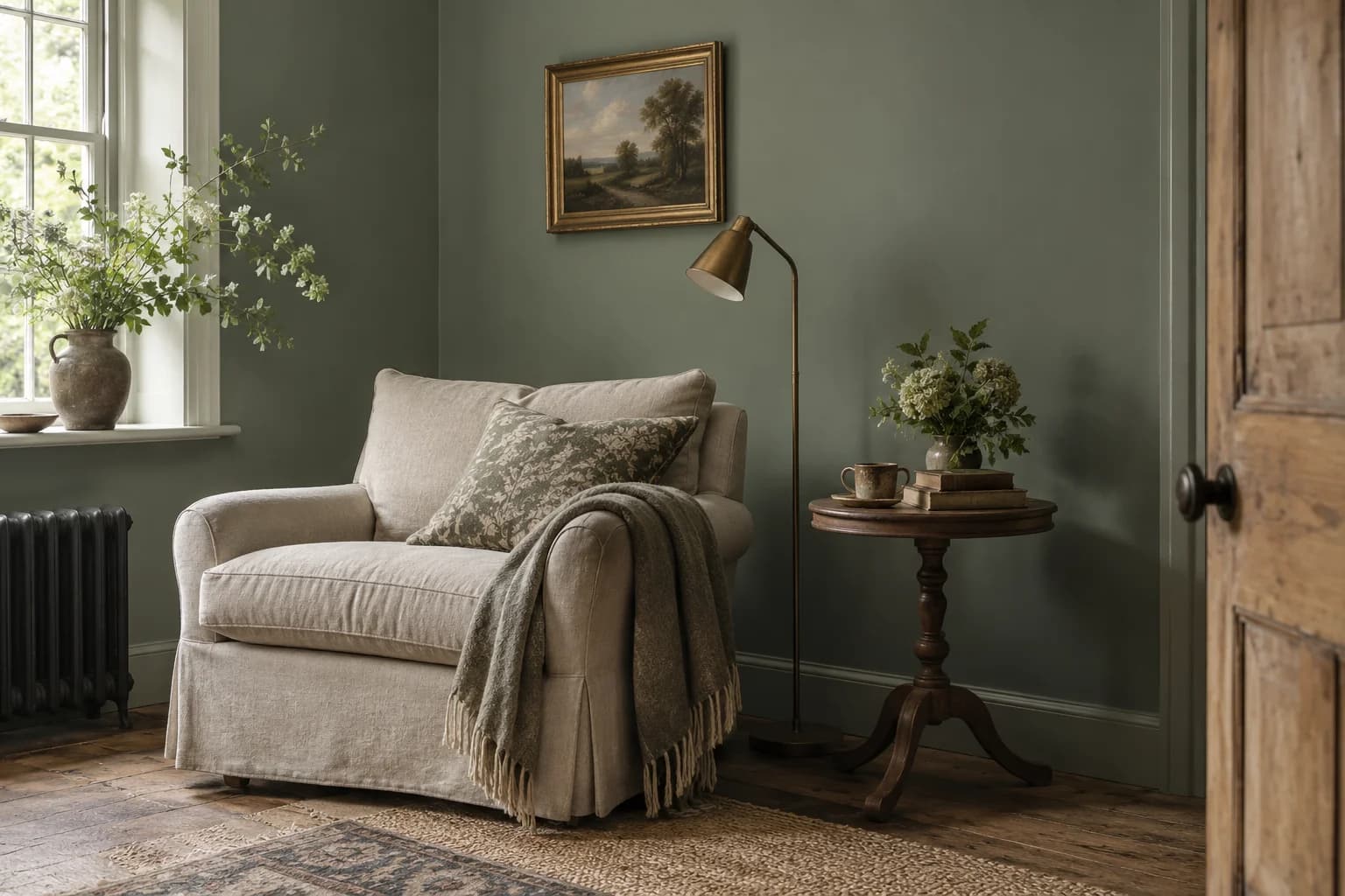 Reading nook with Card Room Green walls and a cream armchair