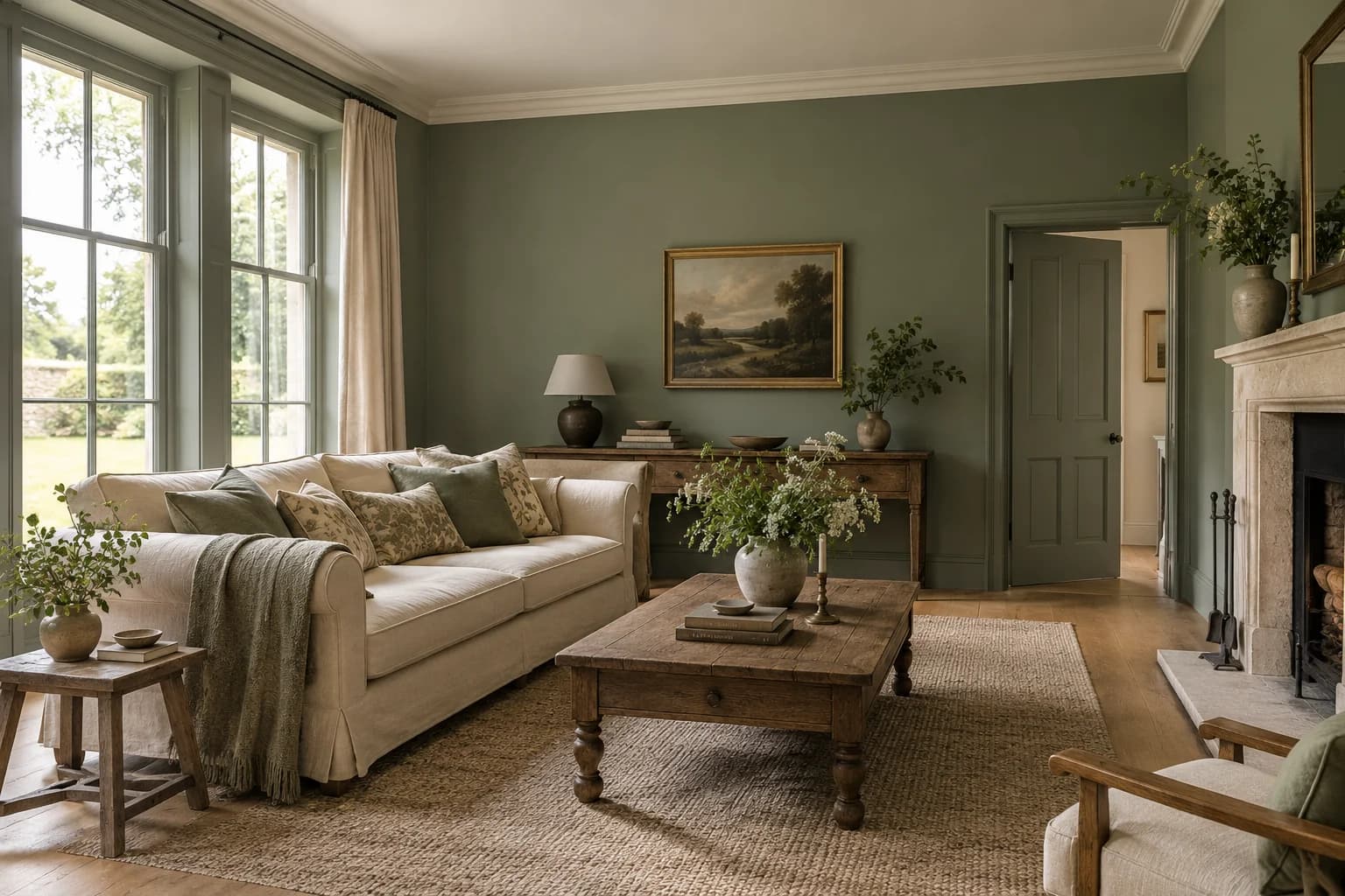 Card Room Green walls in an English country living room